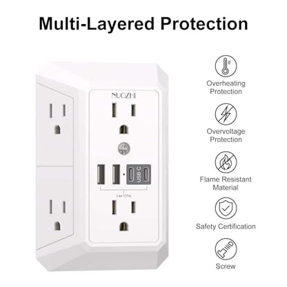 NUOZHI 6 Outlets Power Strip with 4 USB Ports 1680J Surge Protection White