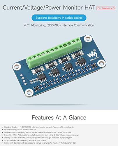Waveshare 4-ch Current/Voltage/Power Monitor HAT for Raspberry Pi I2C Interface