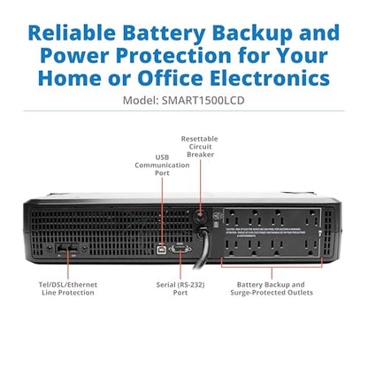 Tripp Lite SMART1500LCD UPS 1500VA Battery Backup 900W 8 Outlets Rack Mount 2U 120V