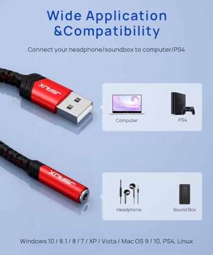 JSAUX USB-A to 3.5mm Jack Audio Adapter TRRS 4-Pole External Stereo Sound Card