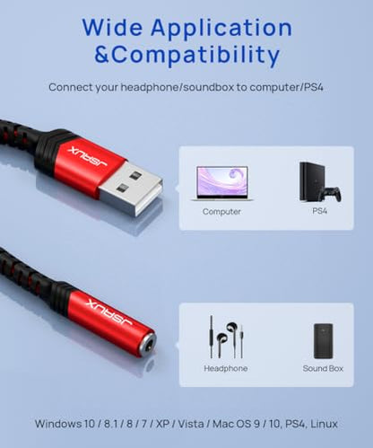 JSAUX USB-A to 3.5mm Jack Audio Adapter TRRS 4-Pole External Stereo Sound Card