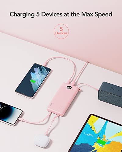 VRURC 10000mAh Portable Charger T1116 Slim Travel Power Bank with Built-in Cables, USB Type-C/USB-A/Micro for iPhone Cables