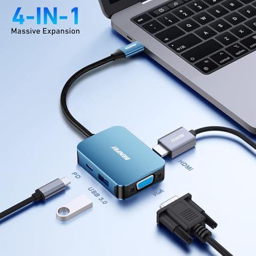 BENFEI Compact USB C Hub 4-in-1 USB Type-C to HDMI VGA Adapter 3840x2160@30Hz Limited Blue