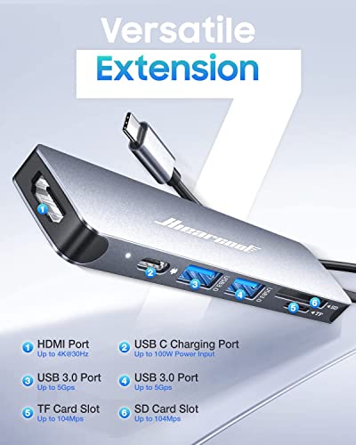 Hiearcool 7-in-1 USB-C Hub UCN3286 4K HDMI, 100W PD, USB 3.0, 5Gbps, Space Grey