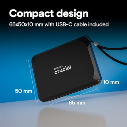 Crucial 1TB CT1000X9SSD902 Portable SSD, Solid State Drive, USB 3.2 USB-C, External Hard Drive, 1050MB/s Data Transfer Rate, Black