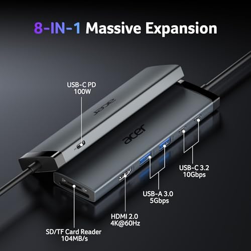Acer 8 in 1 USB C Hub ODK520 10Gbps, 4K@60Hz, HDMI, USB 3.0, USB Type C