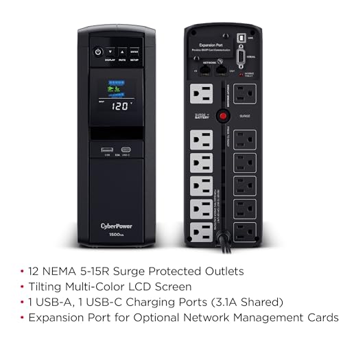 CyberPower 14x3.9x11 inches CP1500PFCLCD PFC Sinewave UPS 1500VA/1000W Mini Tower