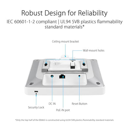 ASUS EBA63 AX3000 Dual-Band WiFi 6 (802.11ax) Access Point, Support for Multiple SSIDs and VLAN, Power over Ethernet Enabled