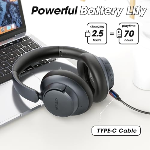 BERIBES WH305B Over-Ear Bluetooth Headphones with Active Noise Cancellation, 70 Hours Playtime, Wireless Connectivity, Interface, and Travel Case