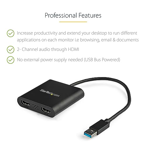 StarTech 12.4in USB-A 3.0 to Dual HDMI Adapter USB32HD2 4K 30Hz A/V Adapter