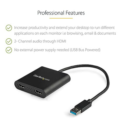 StarTech 12.4in USB-A 3.0 to Dual HDMI Adapter USB32HD2 4K 30Hz A/V Adapter