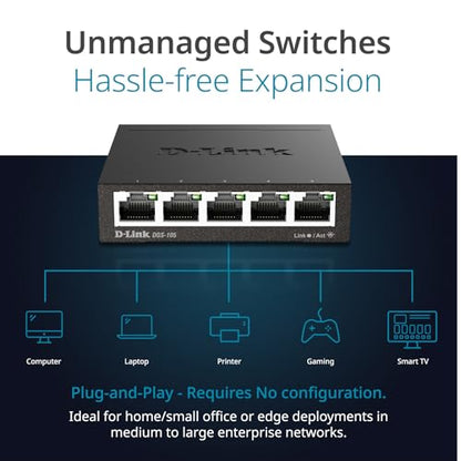D-Link 5-Port Gigabit Ethernet Switch Model DGS-105 Compact Desktop Plug and Play - Black