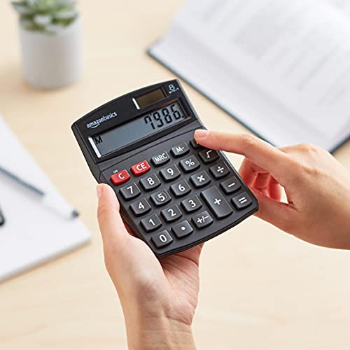 Amazon Basics Standard Function LCD Calculator Solar and Battery Black 8-Digit KC-760-8