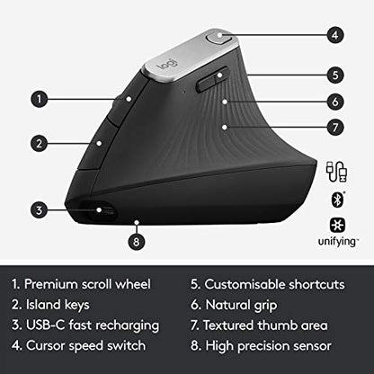 Logitech MX Vertical Wired Ergonomic Mouse 4000 DPI USB Optical 4buttons Right Handed