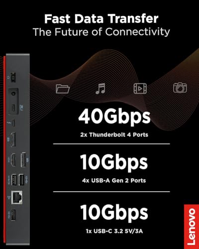 Lenovo 6"L x 3"W x 1"H 40B00135US Docking Station with Thunderbolt 4, 11 Ports, 100 Watt Power Supply, Black