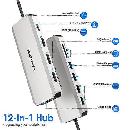WAVLINK 12-in-1 USB C Docking Station KR-RZUS-UMD303 Triple Display 4K@60Hz