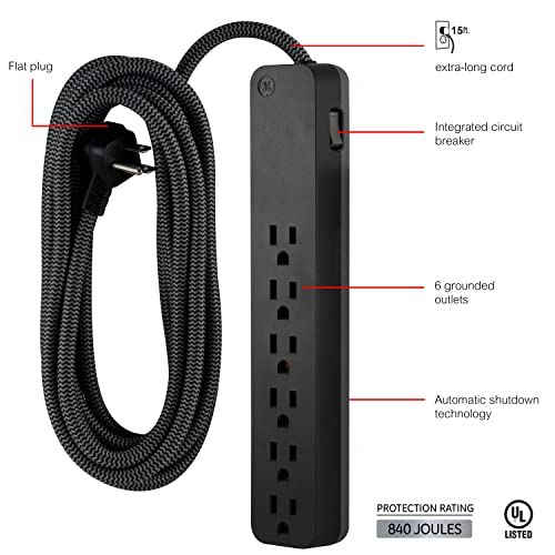 GE 62939 6 Outlet Surge Protector 125 Volts 840 Joules Type B Black Braided Power Strip