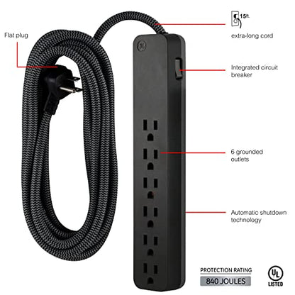 GE 62939 6 Outlet Surge Protector 125 Volts 840 Joules Type B Black Braided Power Strip