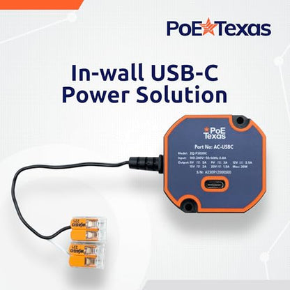 PoE Texas USB Type C Power Adapter - Model ZQ-P3020C, 30 Watts Output - In-Wall Mountable Power Source for Tablets