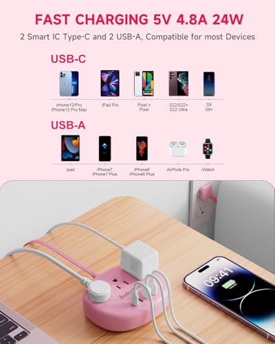 kakahigh 5FT 771-W Pink Extension Cord 125 Volts 1625 Watts Standard Power Strip with 3 AC Outlets and 4 USB Ports