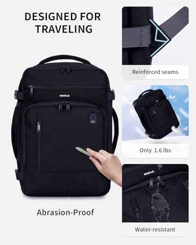 ECOHUB 17" Daypack Travel Backpack, 25L Capacity, Water Resistant, Fits 15.6" Laptop, 16 Pockets, Adjustable Straps, Black