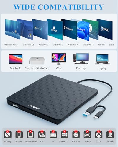 ORIGBELIE External Ultra-Slim Optical Drive TP520 24xCD 8xDVD USB 3.0
