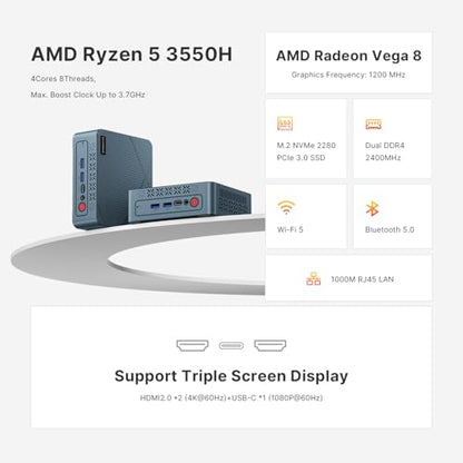 BOSGAME E2 Mini PC AMD Ryzen 5 3550H 4Cores 16GB RAM 512GB NVMe SSD 3840x2160 60Hz LED/LCD Desktop