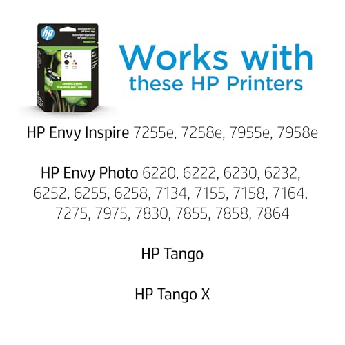 HP 64 Ink Cartridge Combo Pack Black & Tri-Color 200 Page Yield Compatible with Series: ENVY Inspire 7955e, 7958e; ENVY Photo 6200, 7100, 7800; Tango X