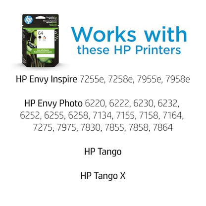 HP 64 Ink Cartridge Combo Pack Black & Tri-Color 200 Page Yield Compatible with Series: ENVY Inspire 7955e, 7958e; ENVY Photo 6200, 7100, 7800; Tango X