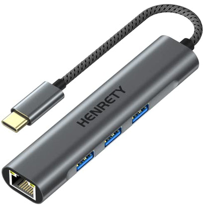 HENRETY USB C to RJ45 Hub, 4-in-1 USB 3.0, 1000 Mbps, Aluminum, Computer Networking Hubs