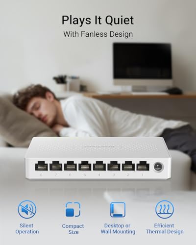 BrosTrend 8-Port 2.5G Ethernet Switch, Unmanaged Network Switch, 2.5 Gigabit, RJ45 Interface, 12 Watts Power, White