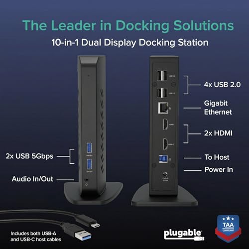 Plugable UD-3900Z USB 3.1 Dual HDMI Docking Station, 10 Ports, for macOS, Windows, ChromeOS