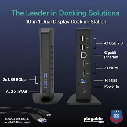 Plugable UD-3900Z USB 3.1 Dual HDMI Docking Station, 10 Ports, for macOS, Windows, ChromeOS