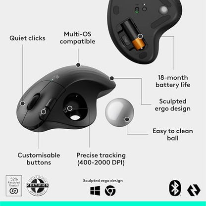 Logitech ERGO M575S Wireless Optical Mouse, Bluetooth and USB Connectivity, Right-Handed Orientation, 10m Range, 2 Buttons, 1 Nonstandard Battery, Black + Silver