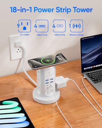 Kakyanill Surge Protector Power Strip Tower 9 AC Outlets 8 USB Ports 6 Ft Retractable Cord