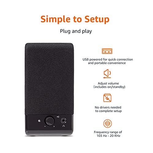 Amazon Basics 2.0 Stereo USB-Powered Speakers U213, 2.1 Watts Output, 3.5mm Aux Input, Portable, Black