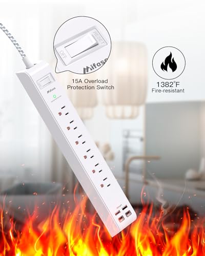Mifaso 12.14x1.9in Surge Protector Power Strip MFS311T 6AC & 4USB 125V