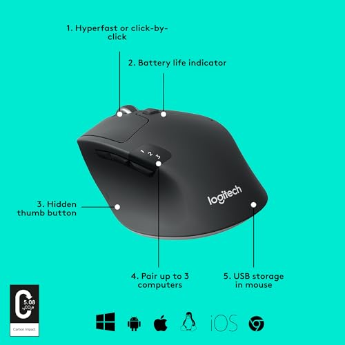 Logitech M720 Triathlon Wireless Mouse, Bluetooth, USB, 1000 DPI, 6 Buttons, 2-Year Battery, Compatible with PC, Mac, iPadOS