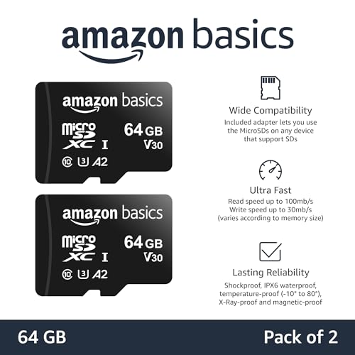 Amazon Basics 64GB microSDXC Memory Card U3 A2 Read Speed 100MB/s Black Model LSMICRO64GU3D