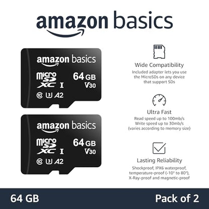 Amazon Basics 64GB microSDXC Memory Card U3 A2 Read Speed 100MB/s Black Model LSMICRO64GU3D