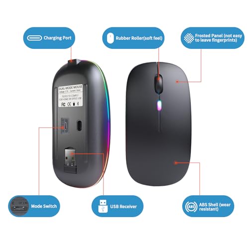 Afaartcci Wireless Bluetooth Mouse 4.4"x2.3" 1600 DPI Dual Mode USB Rechargeable Wireless Computer Mouse