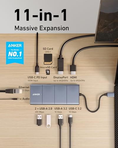 Anker 11-in-1 USB-C Hub Docking Station with 10Gbps Data Transfer, 4K HDMI/DisplayPort, Ethernet, and 85W Power Delivery