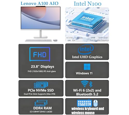 Lenovo 24in AIO PC A100 Intel N100 16GB DDR4 256GB SSD Wi-Fi 6