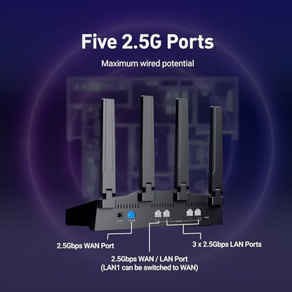 GL.iNet Tri-Band GL-BE9300 Flint 3 Wi-Fi 7 Router, 12.5 Gbps Data Transfer, 2500 Mbps LAN, 4 Antennas, 2000 Square Feet Coverage