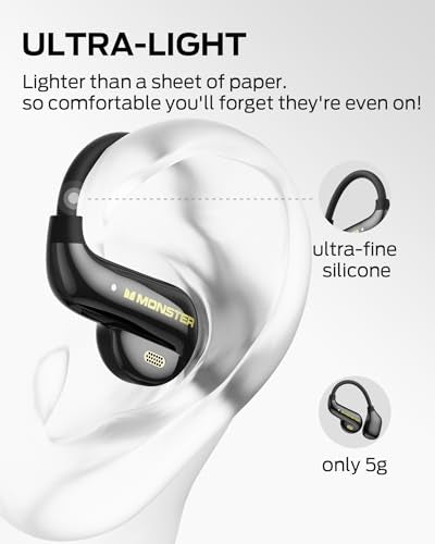 Monster Open Ear AC390 Wireless Earbuds, Bluetooth 6.0, 24-Hour Battery Life, IPX5 Water Resistant, Touch Control, Open Ear Design