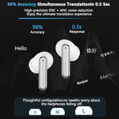kasioo Language Translator Earbuds V19 Bluetooth 5.4 Built-In Media 150 Languages