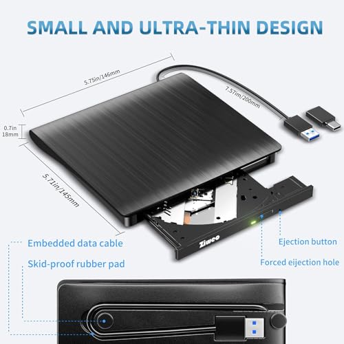 Ziweo Slim Portable External CD/DVD Drive USB 3.0 Type-C LT801