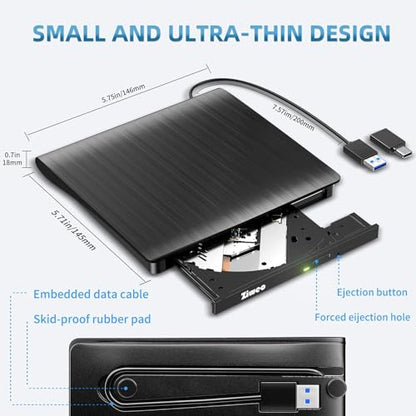 Ziweo Slim Portable External CD/DVD Drive USB 3.0 Type-C LT801