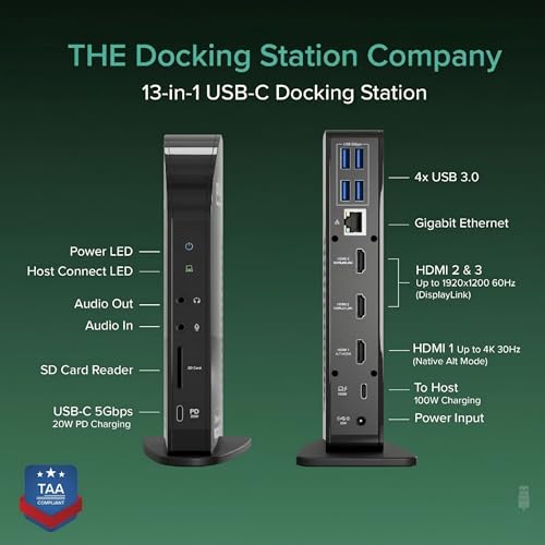 Plugable 13-in-1 USB-C Docking Station UD-ULTCDL 4K HDMI 30Hz Docking Station