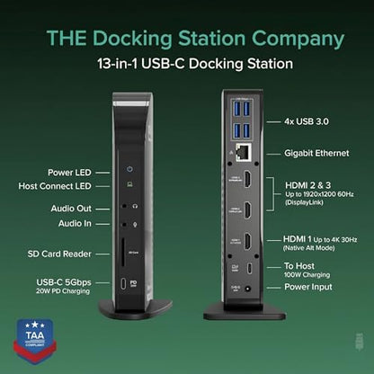 Plugable 13-in-1 USB-C Docking Station UD-ULTCDL 4K HDMI 30Hz Docking Station
